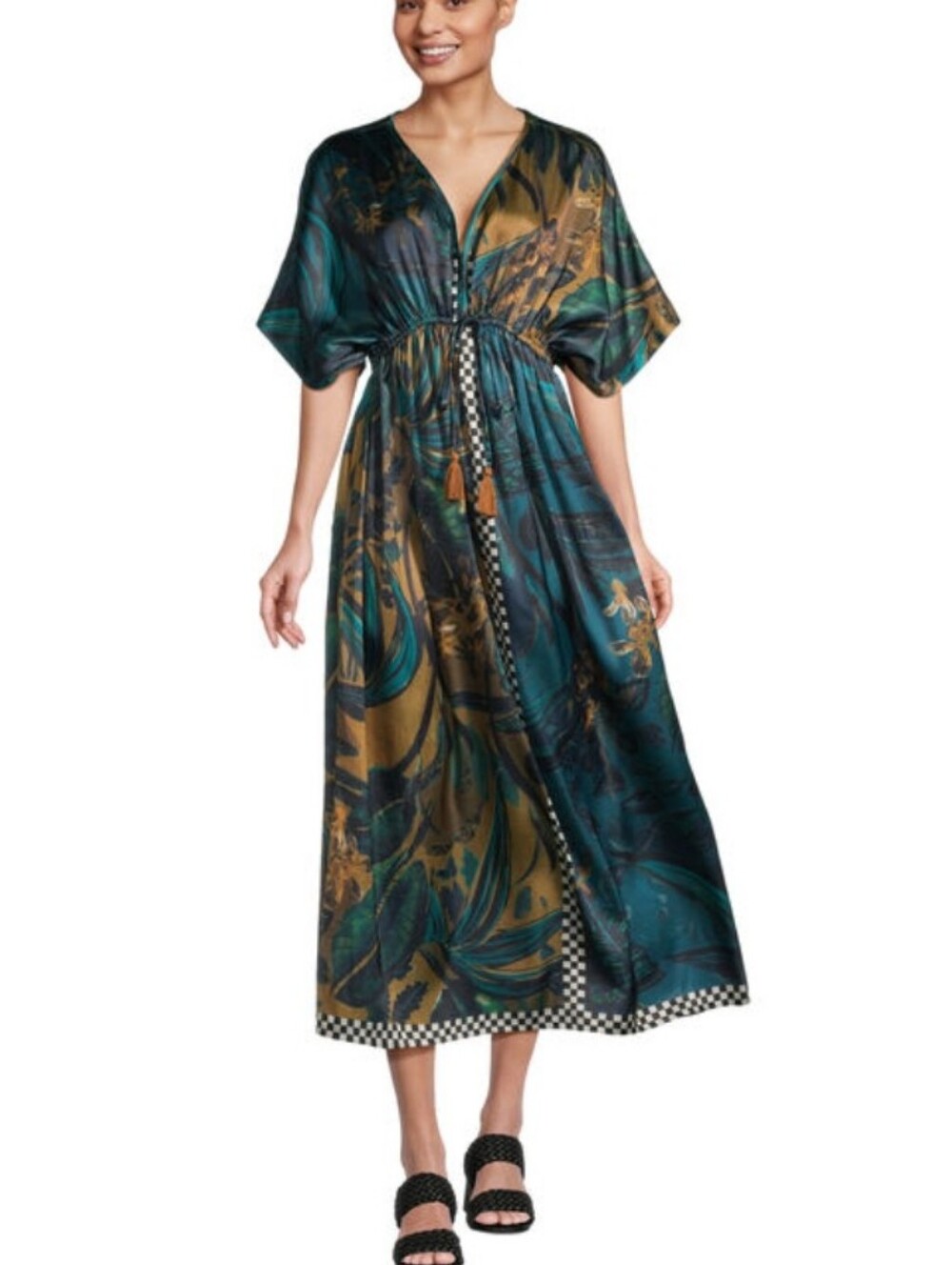 World Market Flowing Teal & Rust Maxi Dress with Floral Print